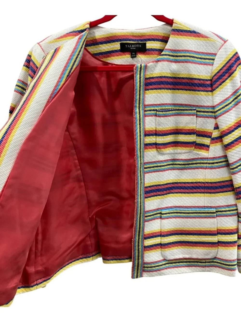 Talbots Colorful Striped Blazer 14P White Blue Sailor Chic Preppy Work Career